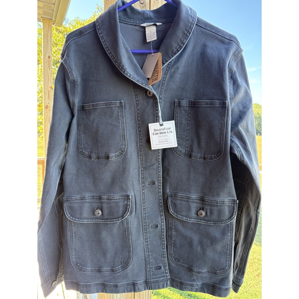 Duluth Woman's Fire Hose Shirt Jacket Size Large Washed Gray Unlined Chore Coat